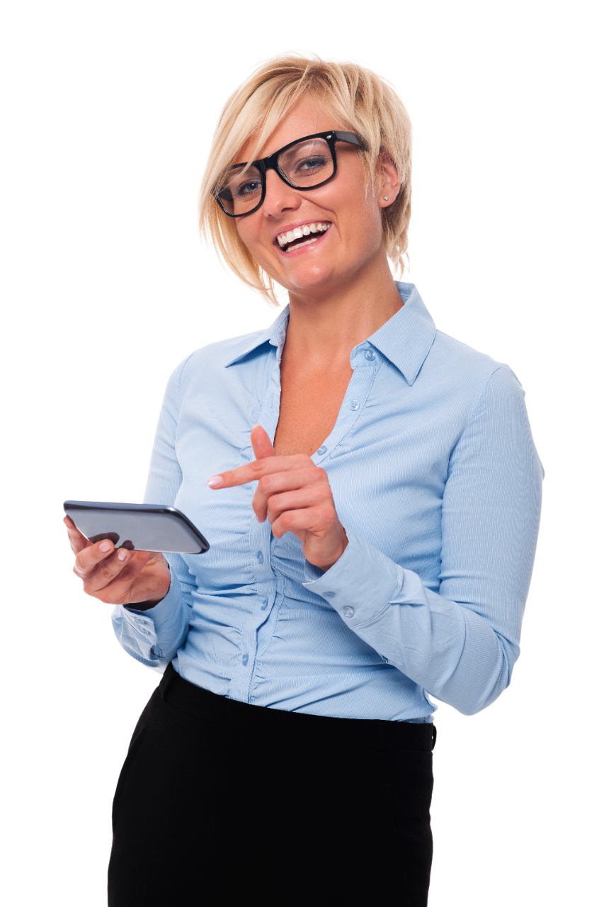 blonde businesswoman smiling pointing mobile phone